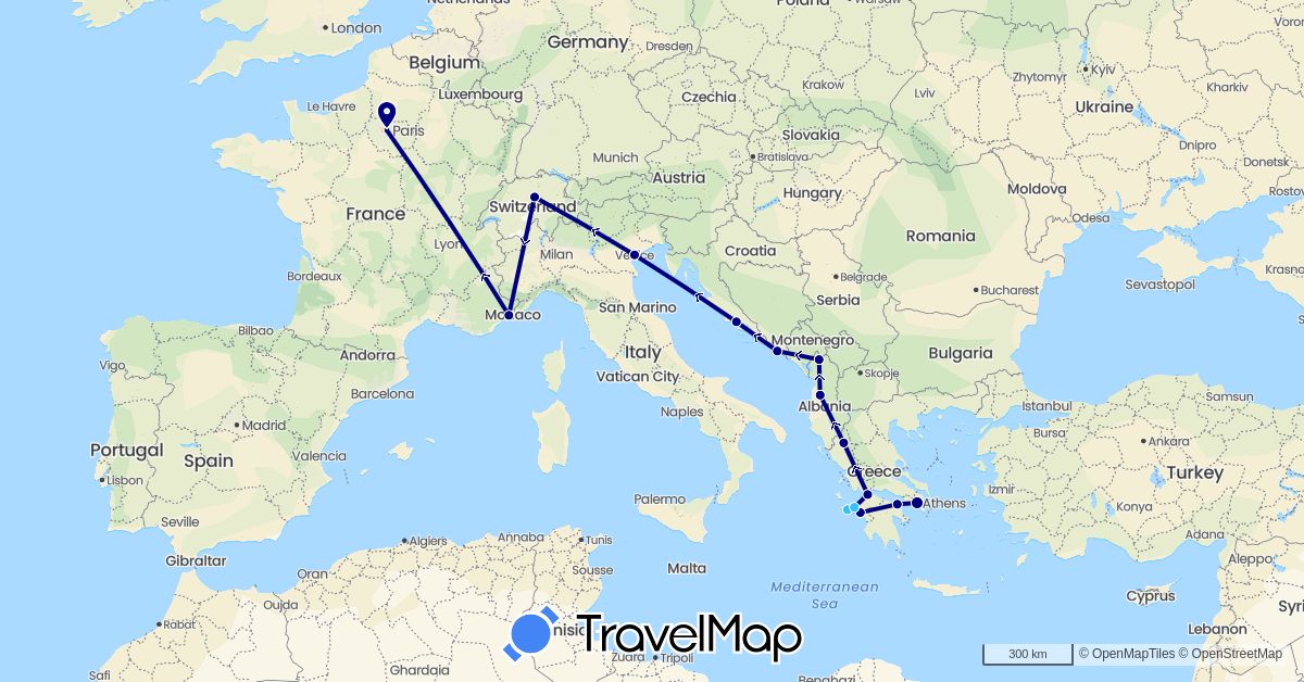 TravelMap itinerary: driving, boat in Albania, Switzerland, France, Greece, Croatia, Italy (Europe)